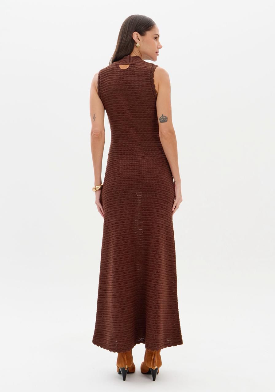 Vestido Midi Tricot Lança Perfume Marrom Gola Alta