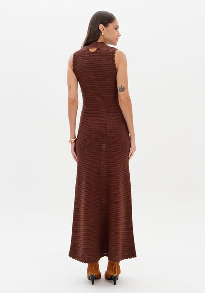 Vestido Midi Tricot Lança Perfume Marrom Gola Alta