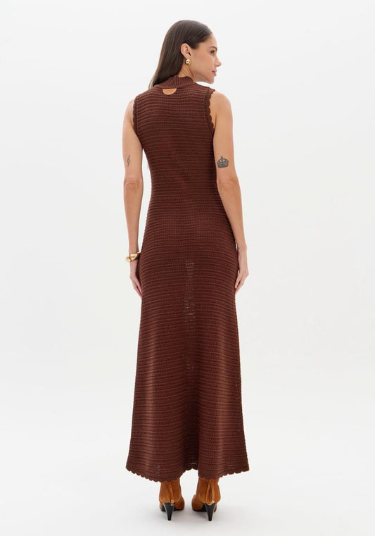 Vestido Midi Tricot Lança Perfume Marrom Gola Alta