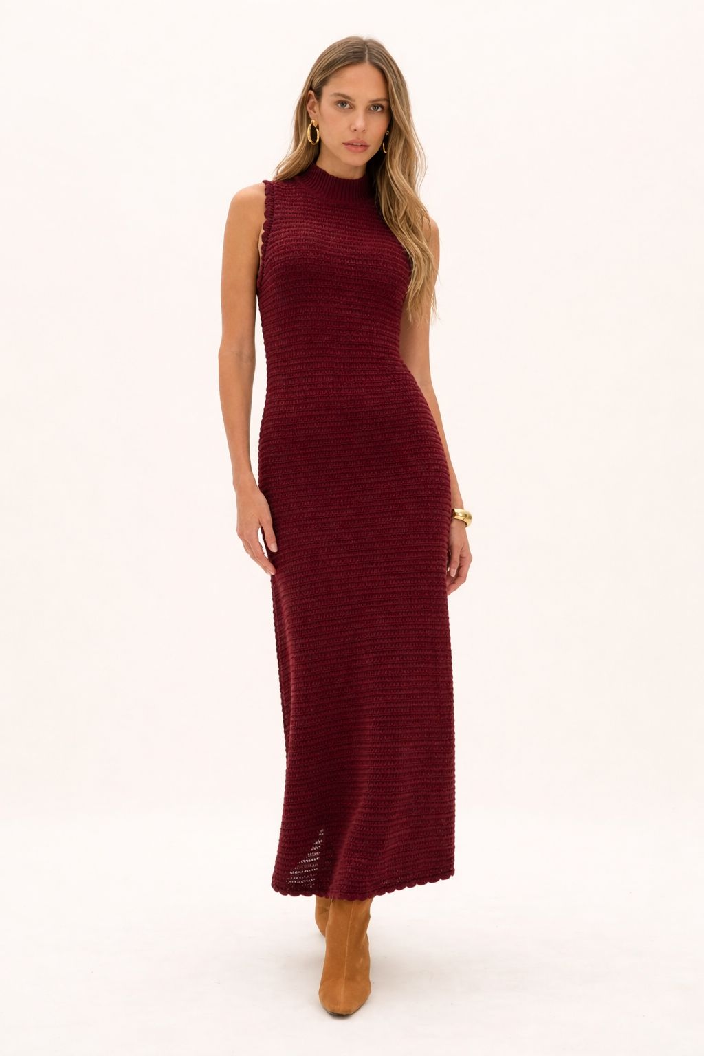 Vestido Midi Tricot Lança Perfume Bordô Gola Alta