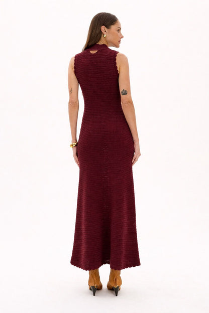 Vestido Midi Tricot Lança Perfume Bordô Gola Alta
