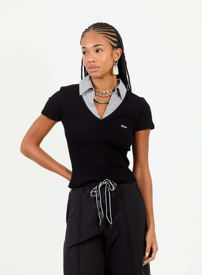 Blusa Canelada com Gola Sobreposta Listrada CLC